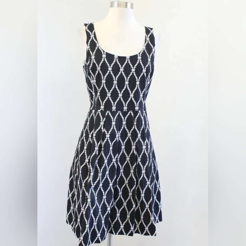 Banana Republic Black White Nautical Rope Geometric Pleated Fit Flare Dress Sz 4